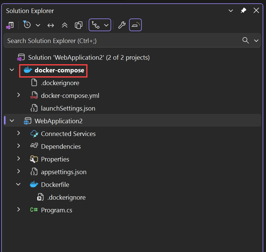 Capture d’écran montrant les fichiers Docker dans l’Explorateur de solutions.