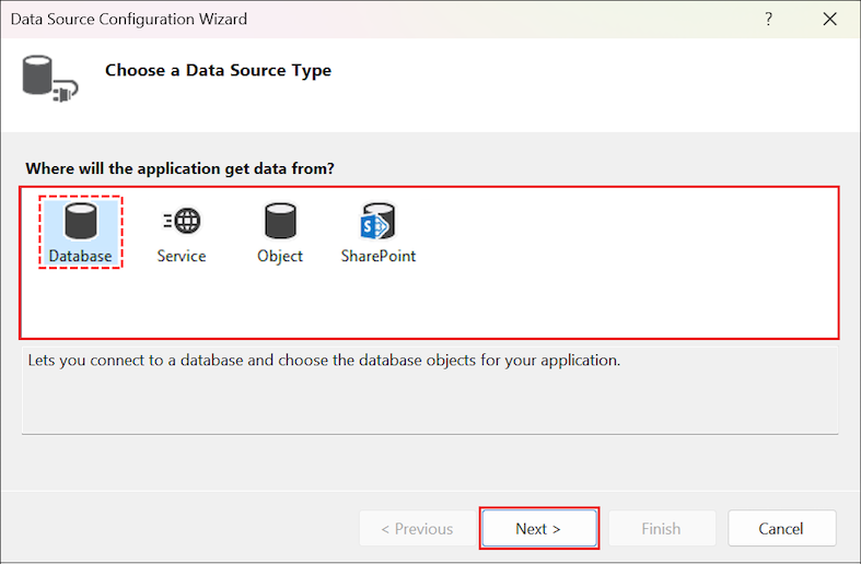 Capture d’écran montrant comment sélectionner le type de source de données dans l’Assistant Configuration de source de données dans Visual Studio.