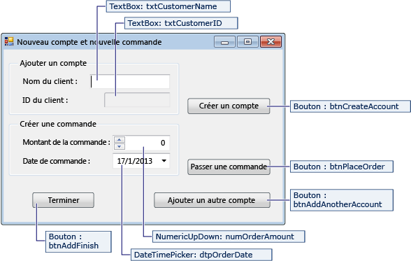Capture d’écran montrant les détails du formulaire NewCustomer.