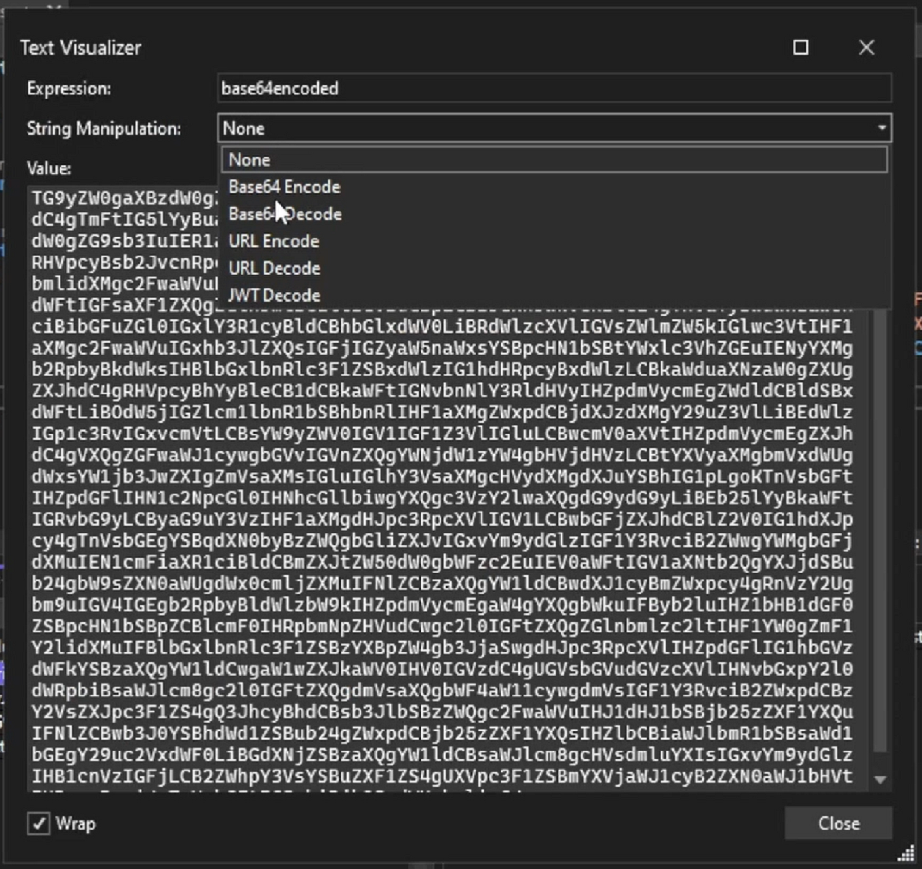 Capture d’écran du visualiseur de chaîne de texte.