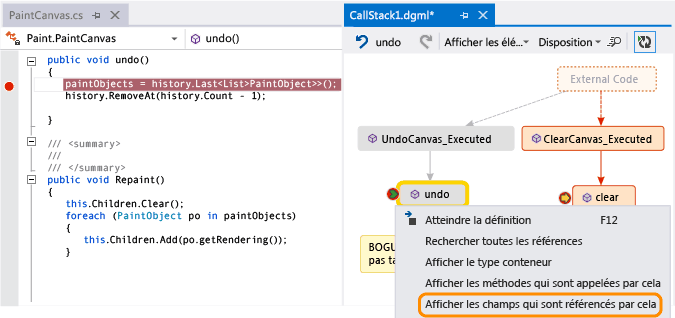 Afficher les champs d’une méthode sur la carte de code de pile des appels