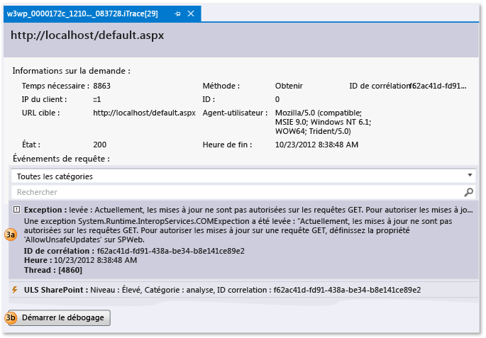 Fichier journal IntelliTrace - Afficher la requête web + événements