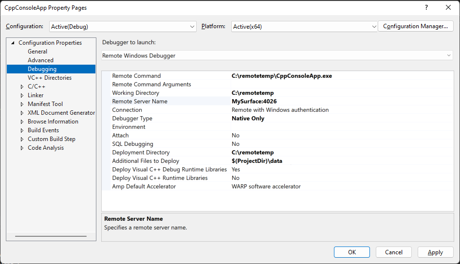 Screenshot de l’onglet Débogage dans les propriétés Visual Studio Solution Explorer. Le débogueur à lancer est défini sur Remote Windows Debugger.