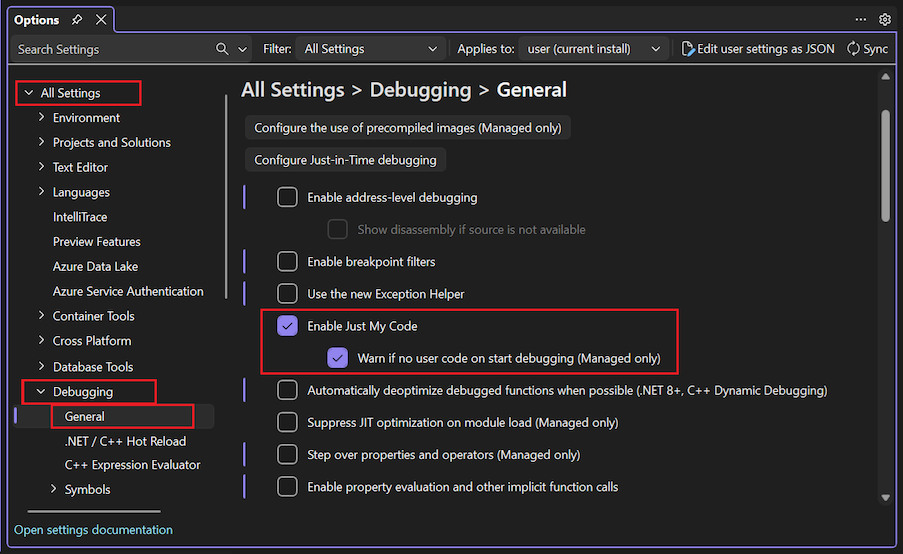 Capture d’écran montrant comment sélectionner l’option Activer uniquement mon code dans Visual Studio.