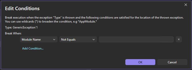 Capture d’écran des conditions d’exception.