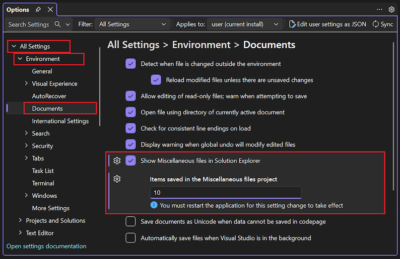 Capture d’écran montrant comment configurer l’option Afficher les fichiers divers dans l’Explorateur de solutions dans Visual Studio.