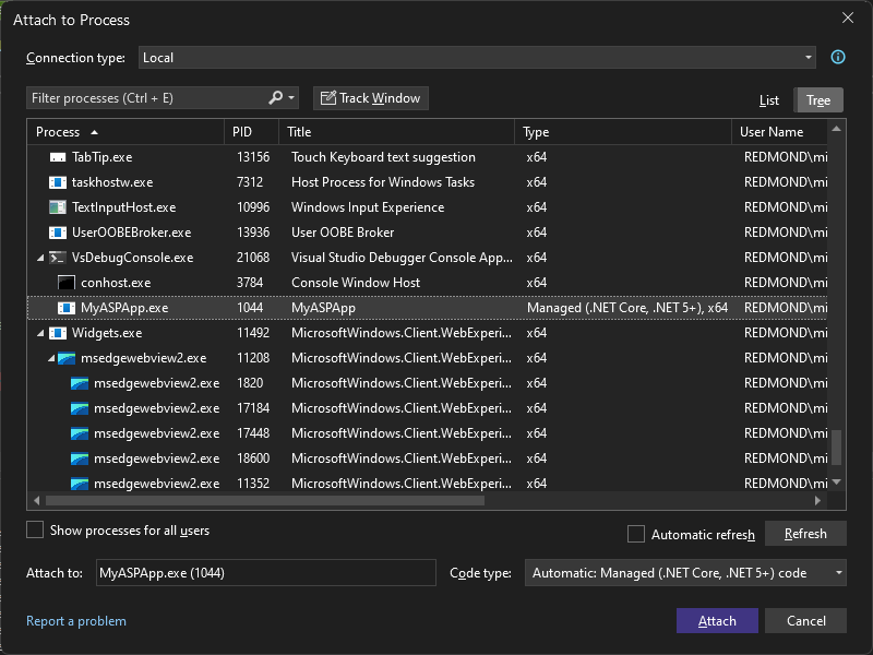 Capture d’écran de la boîte de dialogue Attacher au processus, avec la cible de connexion définie sur le nom de l’ordinateur local.