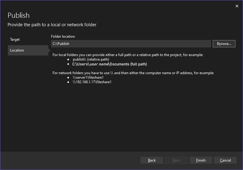 Screenshot de la boîte de dialogue Choisir une cible de publication dans Visual Studio avec le dossier « C&nbsp;:\Publish » sélectionné comme cible de publication.