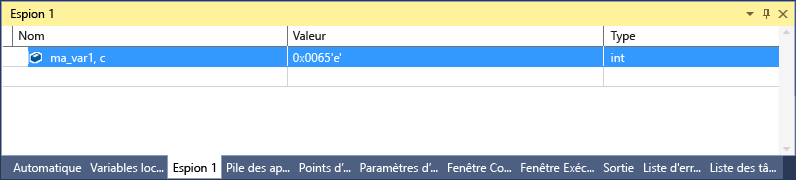 Capture d’écran de la fenêtre Visual Studio Watch avec une ligne sélectionnée qui montre my_var1.c avec la valeur 101 « e » et un type d’int.