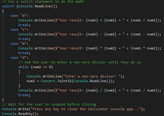 Capture d’écran montrant la section switch révisée dans l’éditeur Visual Studio Code.