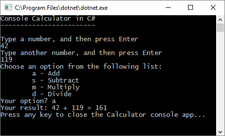 Capture d’écran montrant une fenêtre Console avec l’application Calculatrice avec des invites.