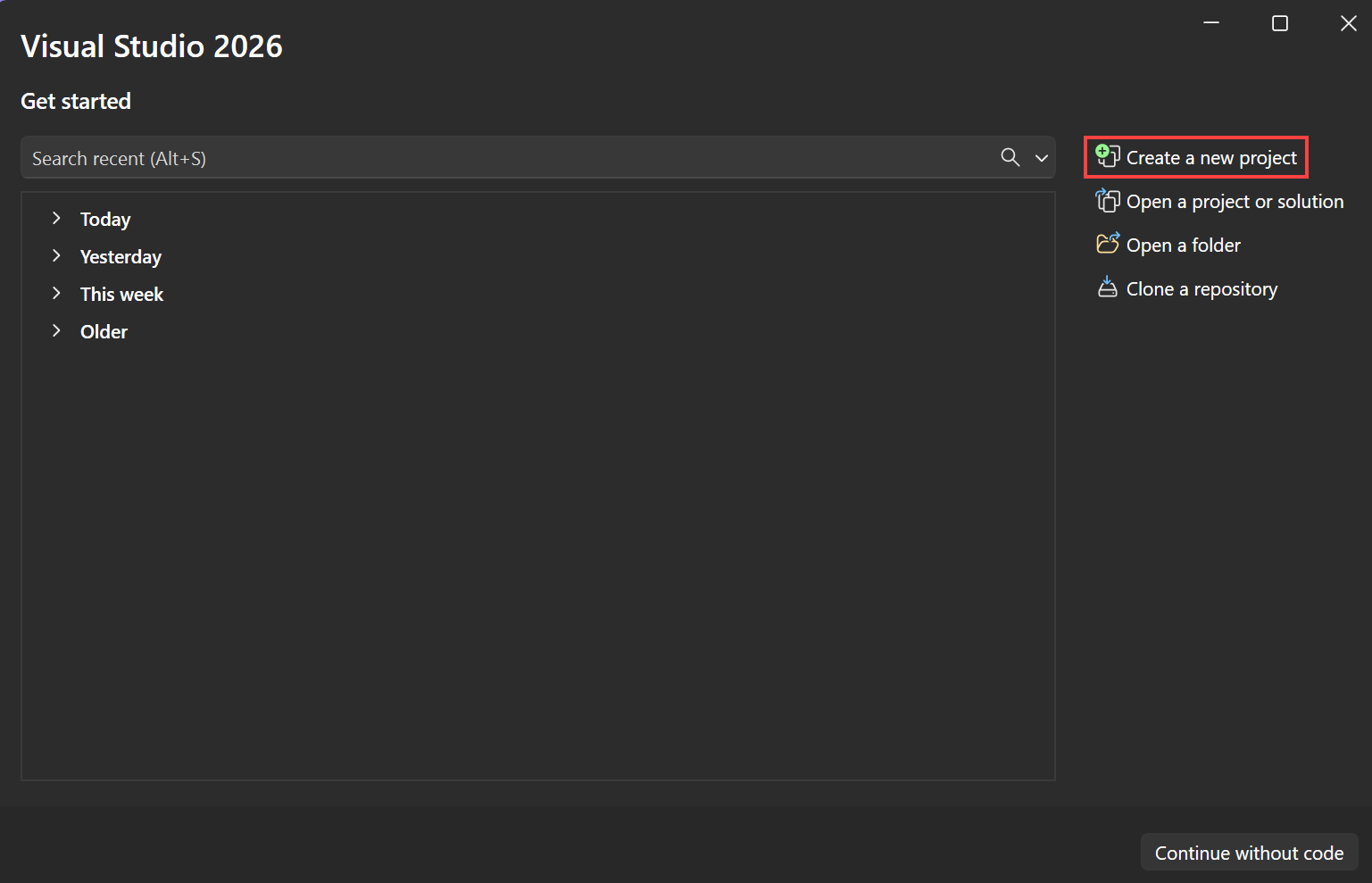 Capture d’écran montrant l’option Créer un projet dans la fenêtre de démarrage de Visual Studio.