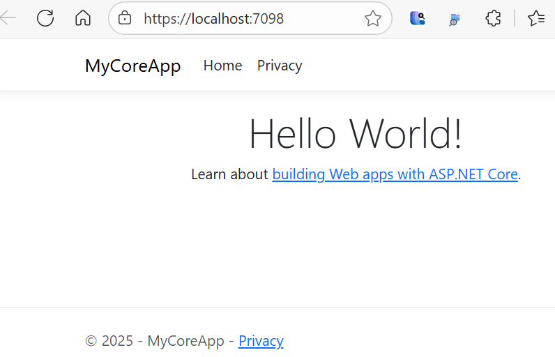 Capture d’écran montrant la page d’accueil de l’application web dans la fenêtre du navigateur. Le texte mis à jour indique « Hello World&nbsp;! »