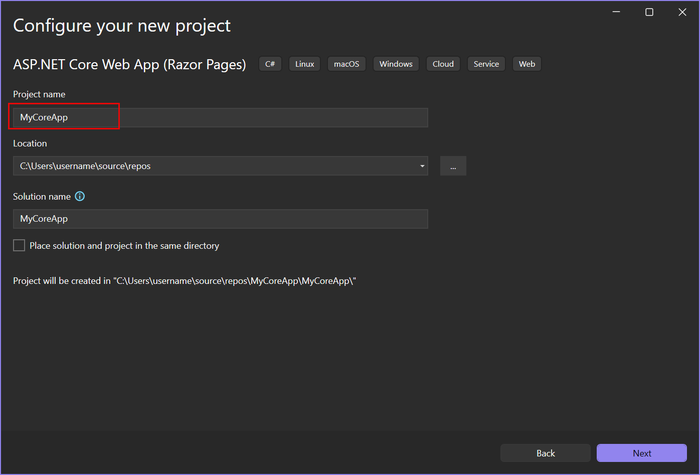 Capture d’écran montrant la fenêtre Configurer votre nouveau projet dans Visual Studio avec MyCoreApp entré dans le champ Nom du projet.