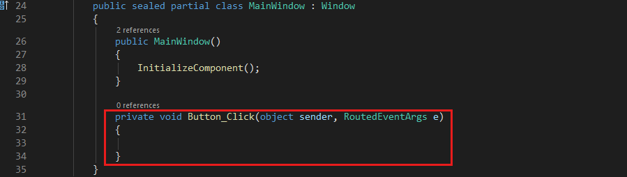 Capture d’écran montrant le code C# pour le gestionnaire d’événements Button_Click par défaut.