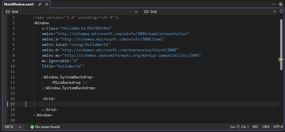 Capture d’écran montrant MainWindow.xaml ouvert dans l’IDE Visual Studio. Le volet Éditeur XAML affiche le balisage XAML de la fenêtre.