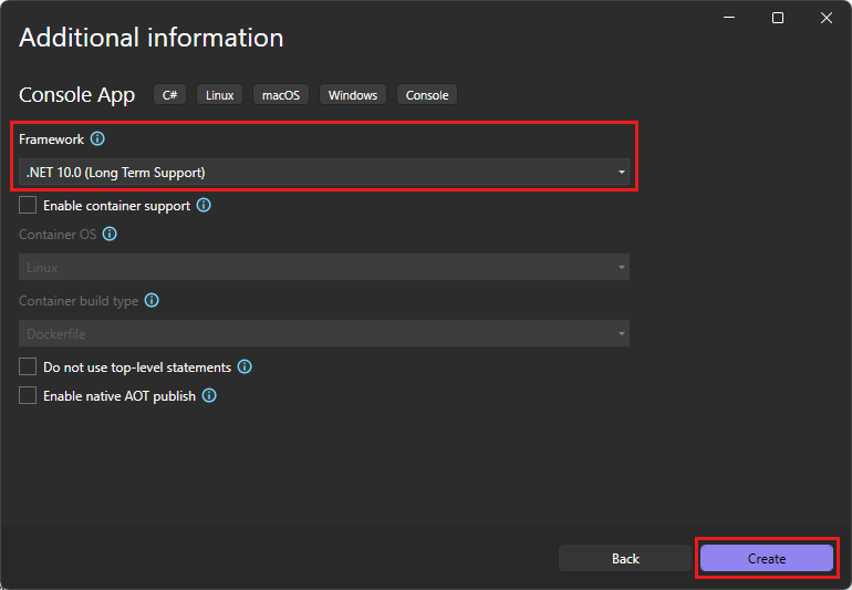 Screenshot de la boîte de dialogue Informations supplémentaires montrant .NET 10.0 sélectionné comme framework cible pour le nouveau projet dans Visual Studio.