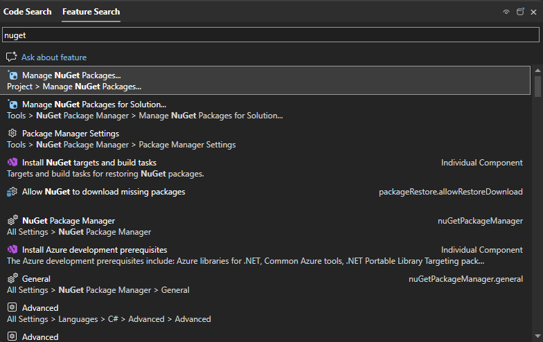 Capture d'écran montrant la zone de recherche de démarrage rapide dans Visual Studio.