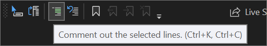 Capture d’écran du bouton Commentaire dans la barre d’outils Éditeur de texte dans Visual Studio 2022.