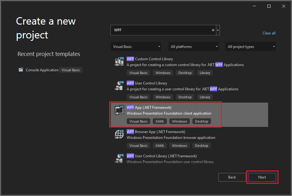 Screenshot de la boîte de dialogue « Créer un projet » avec « WPF » entré dans la zone de recherche, « Visual Basic » sélectionné dans la liste des langues et le modèle de projet « application WPF (.NET Framework) » mis en surbrillance.