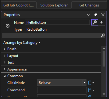 Capture d'écran affichant la fenêtre Propriétés de l'Explorateur de solutions pour le RadioButton 'HelloButton'.