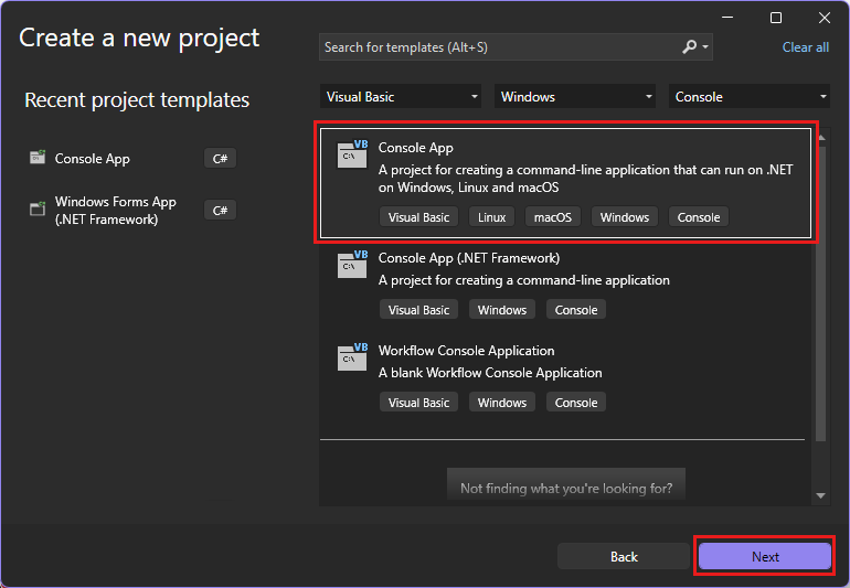 Capture d’écran montrant la fenêtre Créer un projet avec « console » dans la zone de recherche, et « Visual Basic » et « Windows » sélectionnés pour les filtres Langage et plateforme, ainsi que le modèle de projet Application console sélectionné.
