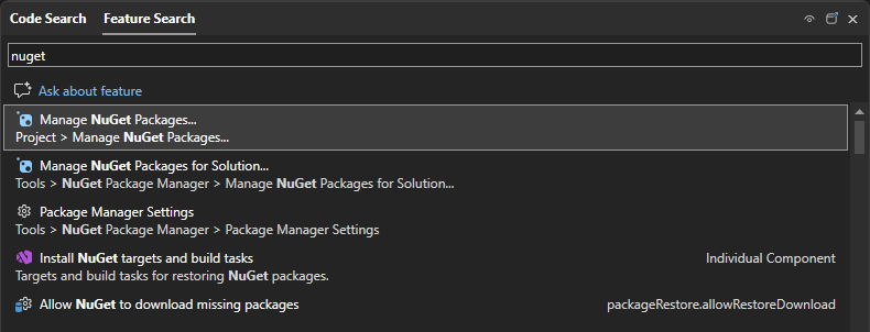 Capture d'écran montrant la zone de recherche de démarrage rapide dans Visual Studio.