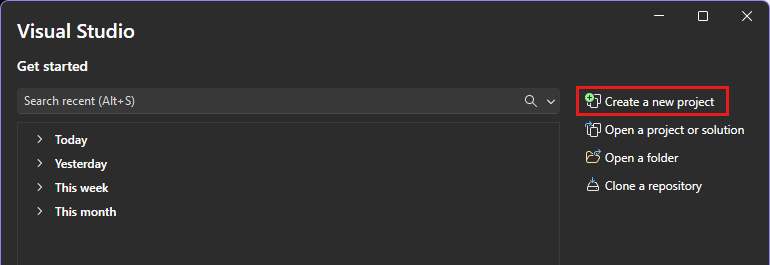 Screenshot de la fenêtre de démarrage dans Visual Studio avec l'option « Créer un projet » mise en surbrillance.