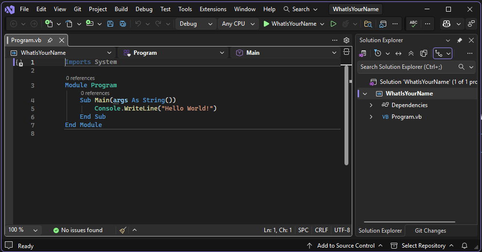 Capture d’écran montrant le code « Hello World&nbsp;! » par défaut.