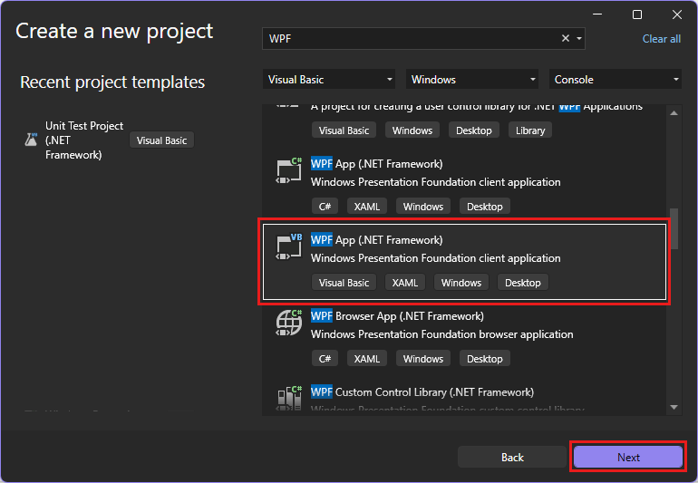 Screenshot de la boîte de dialogue « Créer un projet » avec « WPF » entré dans la zone de recherche, « Visual Basic » sélectionné dans la liste des langues et le modèle de projet « application WPF (.NET Framework) » mis en surbrillance.
