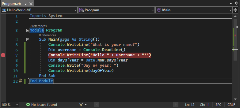 Screenshot qui affiche un point d’arrêt sur une ligne de code dans Visual Studio 2022.