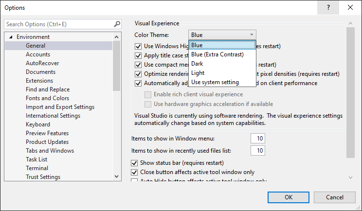 Screenshot qui montre comment changer le thème de couleur en bleu dans Visual Studio.