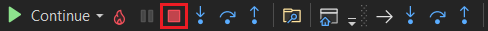 Capture d’écran montrant la barre d’outils Debug avec le bouton Rouge Arrêter le débogage mis en surbrillance.