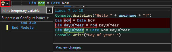 Screenshot affichant la suggestion de variable temporaire inline dans Visual Studio 2022.
