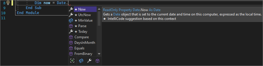 Screenshot d’une liste de membres IntelliSense dans Visual Studio 2022.