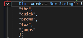 Screenshot de l’éditeur de Visual Studio Code avec le bouton permettant de réduire le contour d’une section de code mise en surbrillance en rouge.