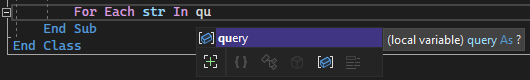 Capture d'écran de la fenêtre de saisie semi-automatique IntelliSense pour le mot « requête » dans l'éditeur de code de Visual Studio.