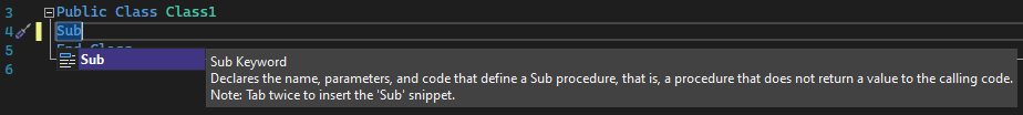 Capture d'écran d’IntelliSense pour un extrait de code Sub dans Visual Studio.