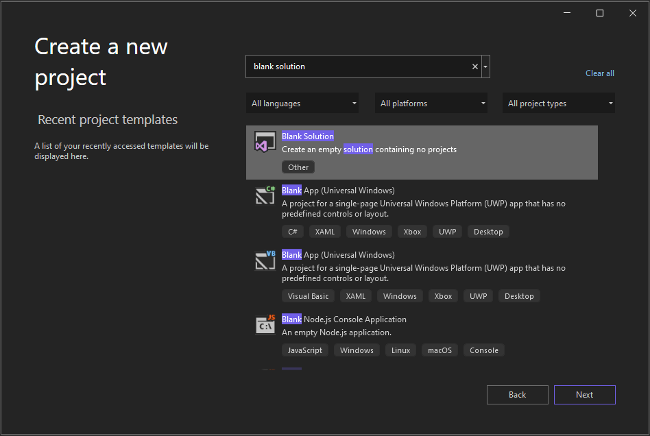 Screenshot montrant la fenêtre Créer un projet dans Visual Studio 2022 avec « solution vide » dans la zone de recherche et le modèle de projet Solution vide sélectionné.
