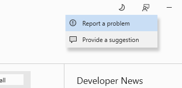 Screenshot montrant l’icône de commentaires sélectionnée dans le coin supérieur droit du programme d’installation Visual Studio et signaler un problème sélectionné dans le menu contextuel.