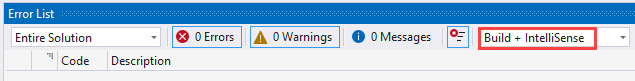 Capture d’écran de la fenêtre Liste d’erreurs. Build + IntelliSense est sélectionné dans la liste déroulante de filtre.