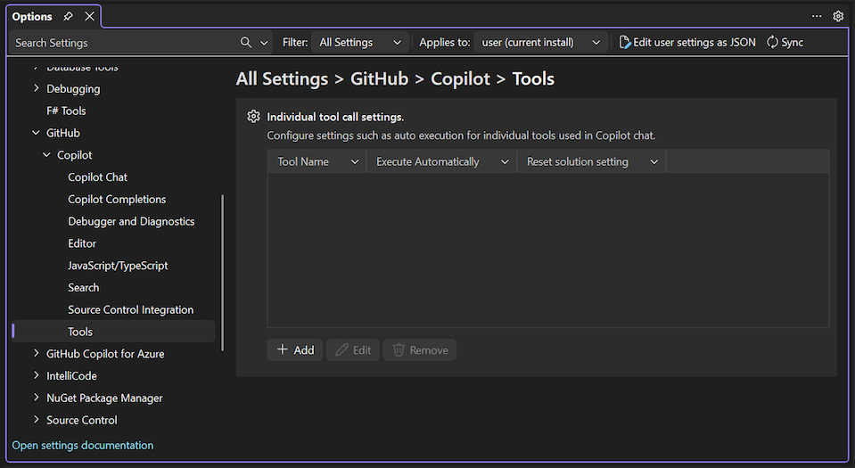 Screenshot qui affiche les paramètres d’appel de l’outil GitHub Copilot dans Visual Studio.