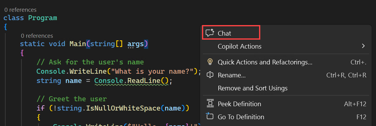 Capture d’écran montrant comment activer la conversation inline dans l’éditeur à partir du menu contextuel.