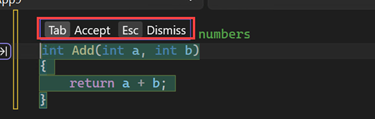Capture d’écran montrant les suggestions d’acceptation ou de modification d’une suggestion de code Copilot GitHub dans Visual Studio.