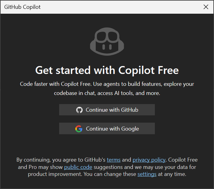 Capture d’écran de la boîte de dialogue Prise en main de Copilot Free dans Visual Studio.