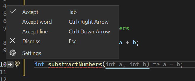 Capture d’écran montrant les suggestions d’acceptation ou de modification d’une suggestion de code Copilot GitHub dans Visual Studio.