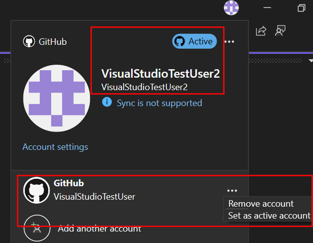 Capture d’écran du compte GitHub actif dans les paramètres du compte.
