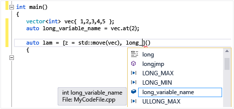 Fenêtre Visual C++ Complete Word