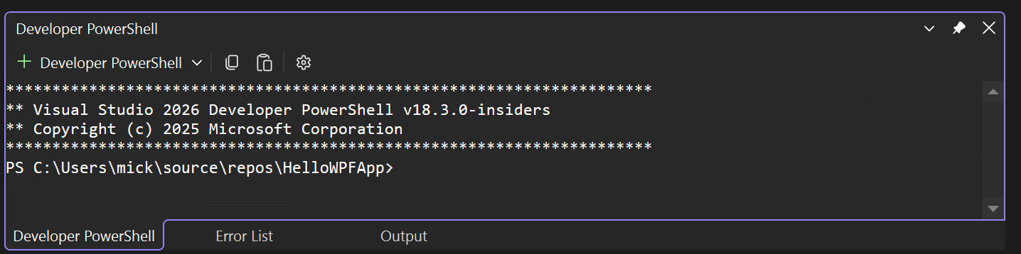 Capture d’écran du volet de terminal Visual Studio montrant plusieurs onglets.