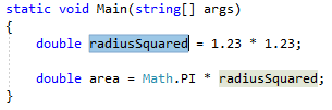 Capture d’écran du code mis en surbrillance pour la variable temporaire inline - C#.